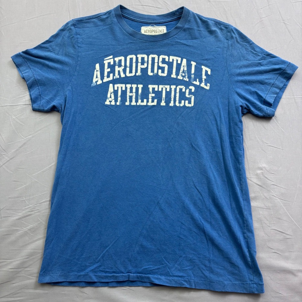 Vtg Aeropostale Athletics Men XL Blue Graphic T-Shirt Distressed Cotton Crewneck